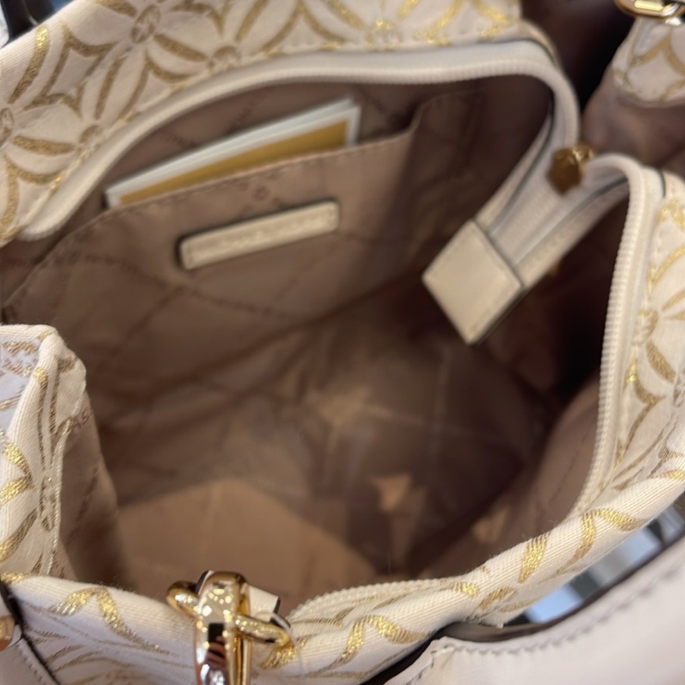 Michael Kors Mirella Small Metallic Logo Jacquard Crossbody Bag
Light Cream 
NWT - Picture 2 of 16